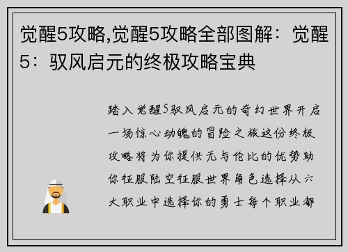 觉醒5攻略,觉醒5攻略全部图解：觉醒5：驭风启元的终极攻略宝典